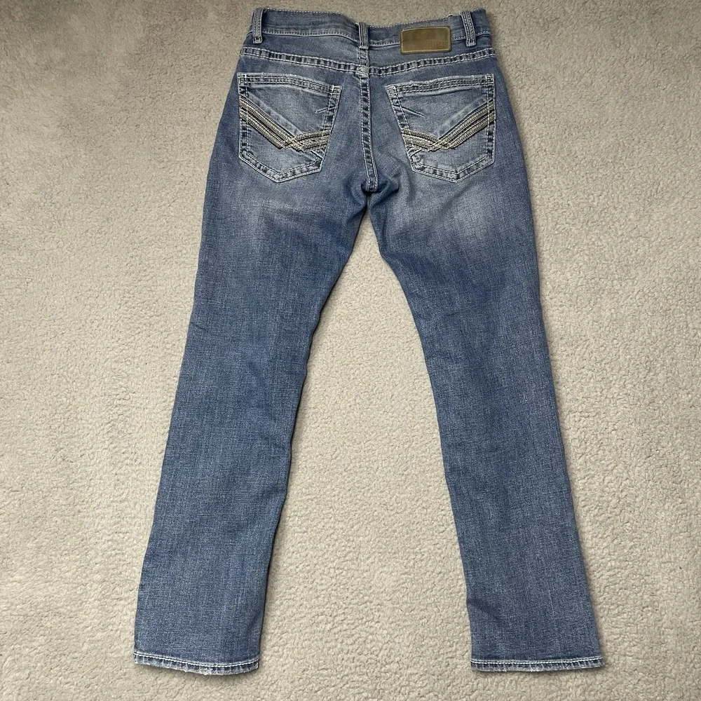 BKE Buckle Alec Jeans Straight Leg Stretch Blue Denim Whiskered Mens 29x30